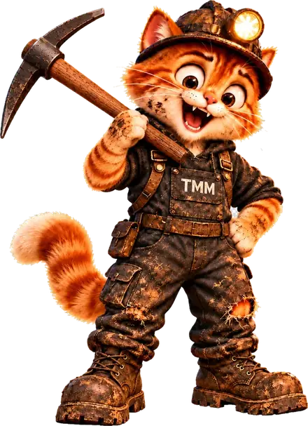 Milli, the $TMM mascot — a cat in a miner's helmet and work overalls holding a pickaxe